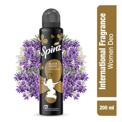 Spinz Black Magic Perfumed Deo for Women International Fragrances Long Lasting Freshness, 24 Hours Protection from Odour causing Bacteria - 200 ml