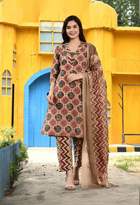 Ethnic Cotton Straight Kurta Pant Dupatta Set-XXL