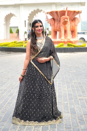 Black Colour Zari Work Bandhani Print Free size Ready to Wear Designer Lehenga (Dress have 4 inch of margin both side for alteration as per customer need)-Free Size / Black