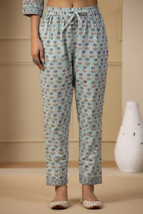 Hazira Amyra Sea Green Block Printed Cotton Pants-S / Sea Green / Green