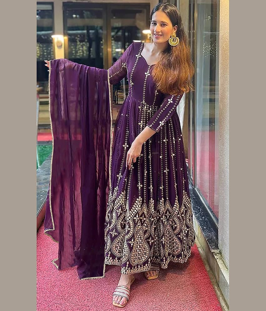 Trijal Fab Purple Anarkali Georgette Women's Stitched Ethnic Gown ( Pack of 1 )