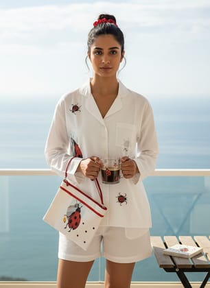 Ivvory Designer Revere Shorts Set (Size M, Lady Bird Print) | 100% Cotton Hand Embroidered | Luxury Nightwear & Loungewear