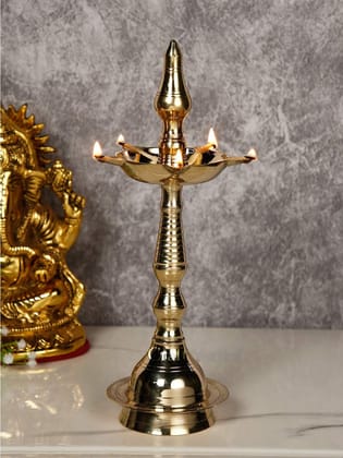 Gold 13 Inch Pure Virgin Brass Diya,Traditional Brass Kutthu Vilakku Oil Lamp Pooja 1 Step Dia For Indian Housewarming Gift Item
