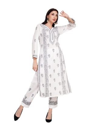 The Chikankari Story Traditional Lakhnavi Pure Cotton Kurti Set with Chikankari Hand Embroidery – Black-and-White Bakhiya Work, Bollywood Glamour, Artisanal Ensemble.-S