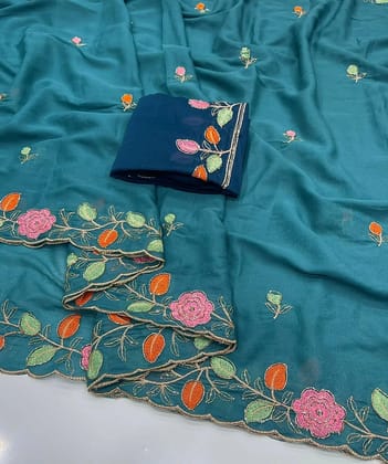 Star Georgette saree with embroidery work all over saree and beautiful  flower  design with cut work border