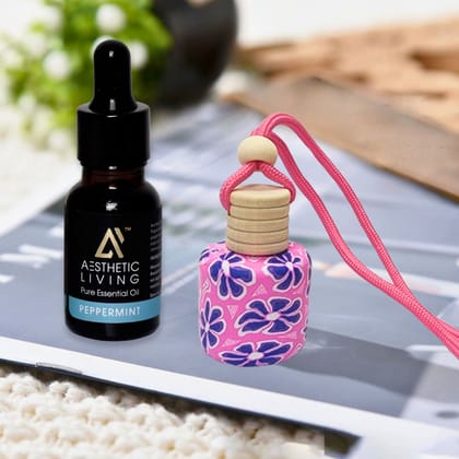 Aesthetic Living Floral Car Aromatizer/ Diffuser Bottle with Essential Oil (Multi Shape Floral-10 ml+ Peppermint Essential Oil, 15 ml)