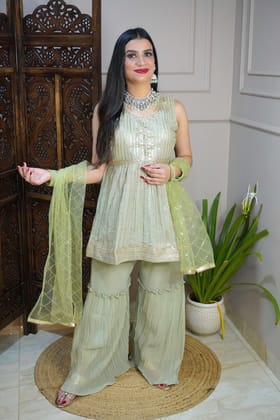 Pista Green Colour Sequence & Thread Work Kurta with Sharara & Dupatta (Dress have 6 inch of margin both side for alteration as per customer need)-Free Size / Pista Green