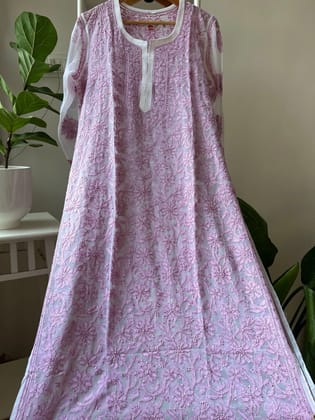 Chikankari Resham Full Jaal Kurti - White With Pink-Yellow / Semi Georgette / 2XL