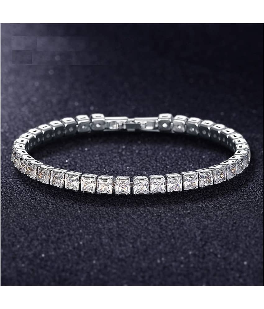 ZIVOM® Luxury Slim Classic Dainty Stylish Princess Cut Cubic Zirconia American Diamond Silver Tennis Bracelet For Women Girls