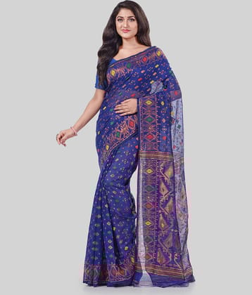 Desh Bidesh Cotton Embellished Saree Without Blouse Piece ( Blue )