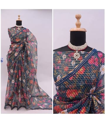 Gullak Organza Printed Saree With Unstitched Blouse Piece ( Teal )
