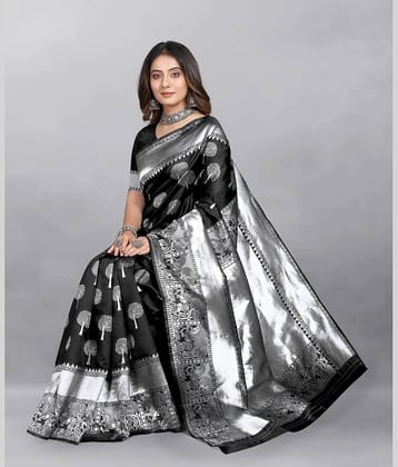 Gazal Fashions Banarasi Silk Woven Saree With Unstitched Blouse Piece ( Black )