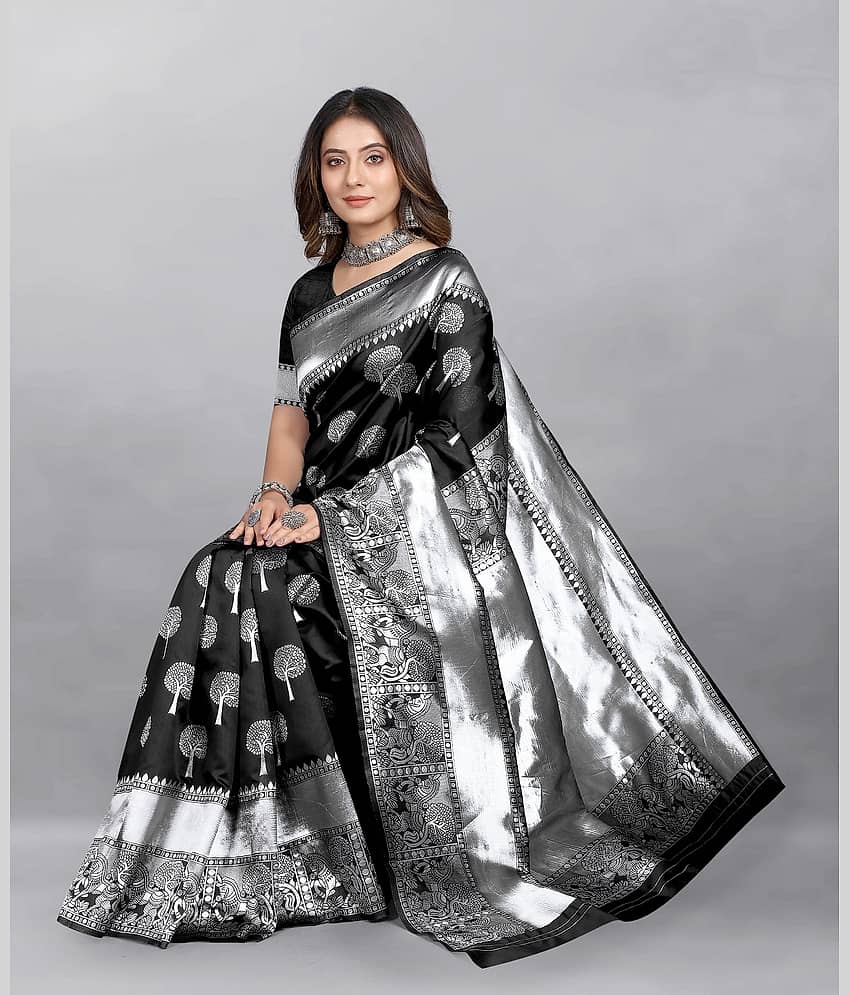 Gazal Fashions Banarasi Silk Woven Saree With Unstitched Blouse Piece ( Black )