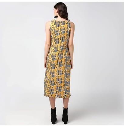 Women's Polyester Chain Print Sleeveless Below Knee Dress (Yellow - Black, S)-PID55760