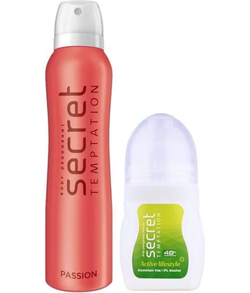 secret temptation Active Lifestyle Roll-on 50ml & Passion Deodorant 150ml, Combo Pack of 2 for Women (2 Items in the set)