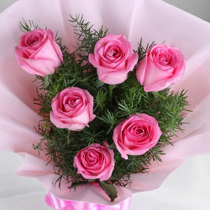 Delicate Love 6 Pink Roses Bunch For Valentine's Day Gift
