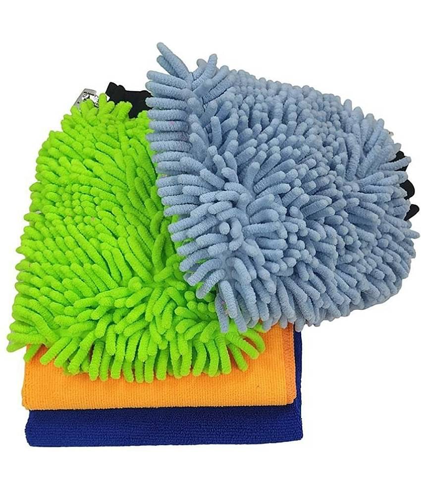 SOFTSPUN Microfiber Chenille & Single-Side Gloves 1700 GSM  with Towel 340 GSM, 4 Piece Combo Multicolour, Multi-Purpose Super Absorbent and Perfect Wash Clean with Lint-Scratch Free Car, Dusting!