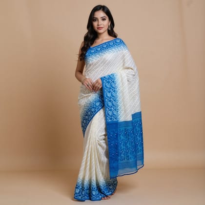 Bengal Mix Cotton White & Blue Jamdani Saree