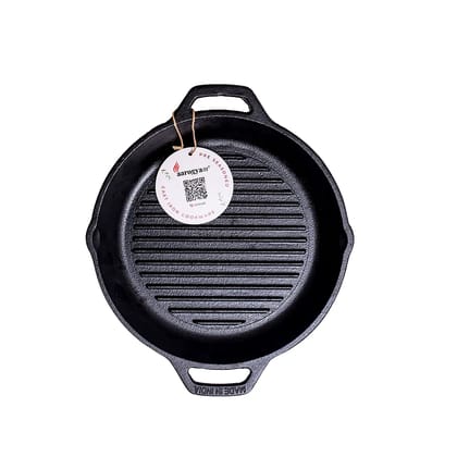 Aarogyam Cast Iron Round Grill Pan With Double Short Handle Handle, Pre-Seasoned 10 inch Diameter (25cm), Naturally Non-stick, Toxin-Free, Gas & Induction Compatible, Weight- 2.5 kg (Colour - Black) by Aarogyam - The Cast Iron Shop