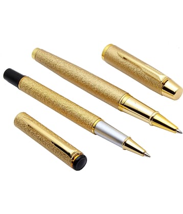 Srpc Set Of 2 Gold Sand Finish Rock Textured Metal Body Roller Ball Pens Blue Refill