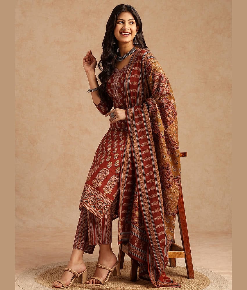 Vbuyz Women Cotton Printed Straight Kurti With Pants ( Maroon )