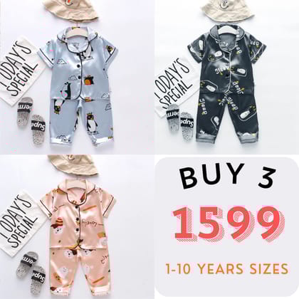 3 NIGHT SUITS COMBO FOR BOYS AND GIRLS (PRINTED DESIGN SKY BLUE PEACH MULTI) (-1-2 YEARS
