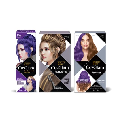 COSGLAM Combo Pack, Semi Permanent Hair Color Purple Blue 120g, Hair Highlighter Kit 115g & Hair Color Remover 70ml