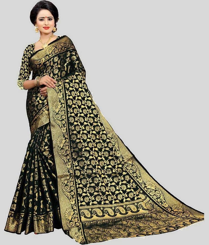 Gazal Fashions Banarasi Silk Embellished Saree With Unstitched Blouse Piece ( Black )