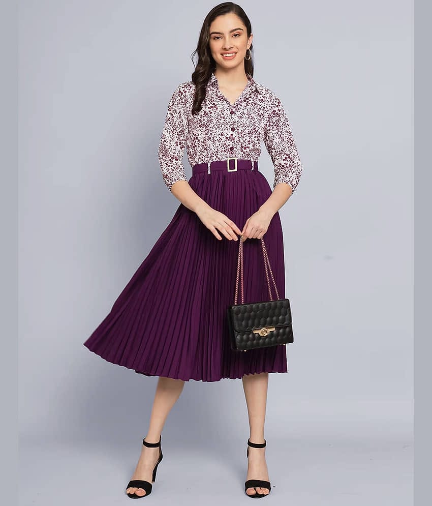 Eyebogler Women Crepe Printed A-line Dress ( Purple )