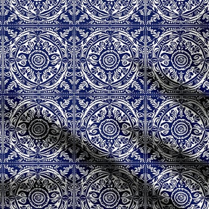 Ethnic Blue Damask Folk Art Print Fabric-Cotton