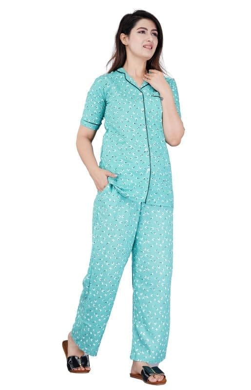 Women's Casual Half Sleeve Printed Viscose Rayon Shirt with Pyjama Pant Night Suit Set (Green, 2XL)-PID47194