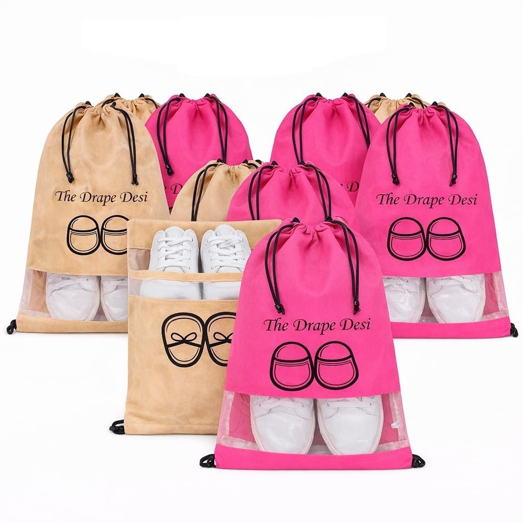 The Drape Desi Transparent Shoe Bag for Travel & Storage | Shoe Cover Pouch for Men & Women | 5 Rose Pink & 5 Brown Bag Pack of 10 pcs