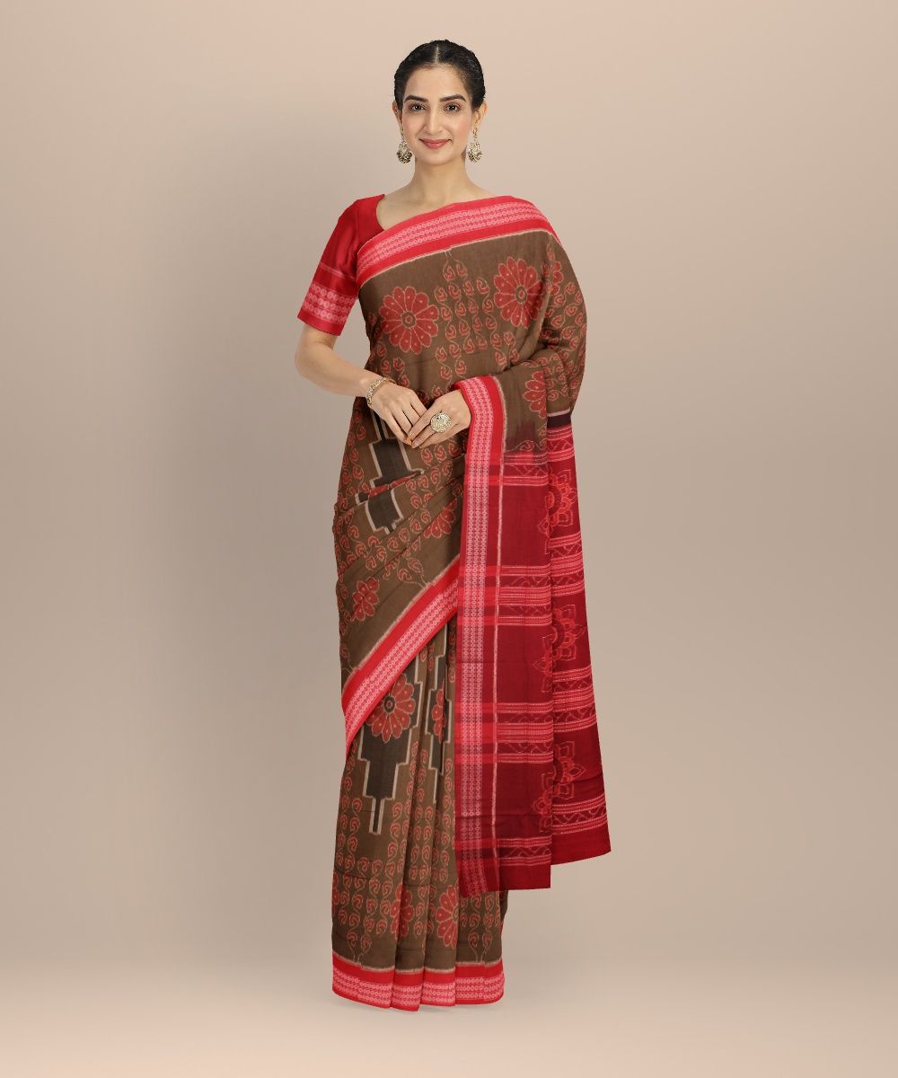 Olive Green Red Cotton Handloom Sambalpuri Saree