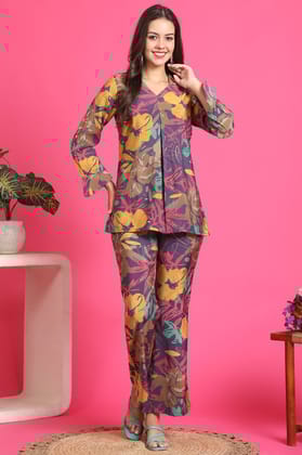 Purple Color Abstarct Printed Premuim Chanderi Co-ord Set-S