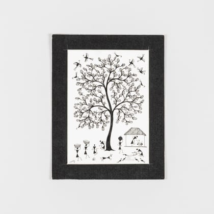 Warli Painting on Paper Tree of Life 8x10 Unframed-Black / White / Paper