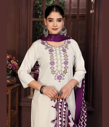 Royal Export Women Cotton Embroidered Straight Kurti With Pants ( Beige )