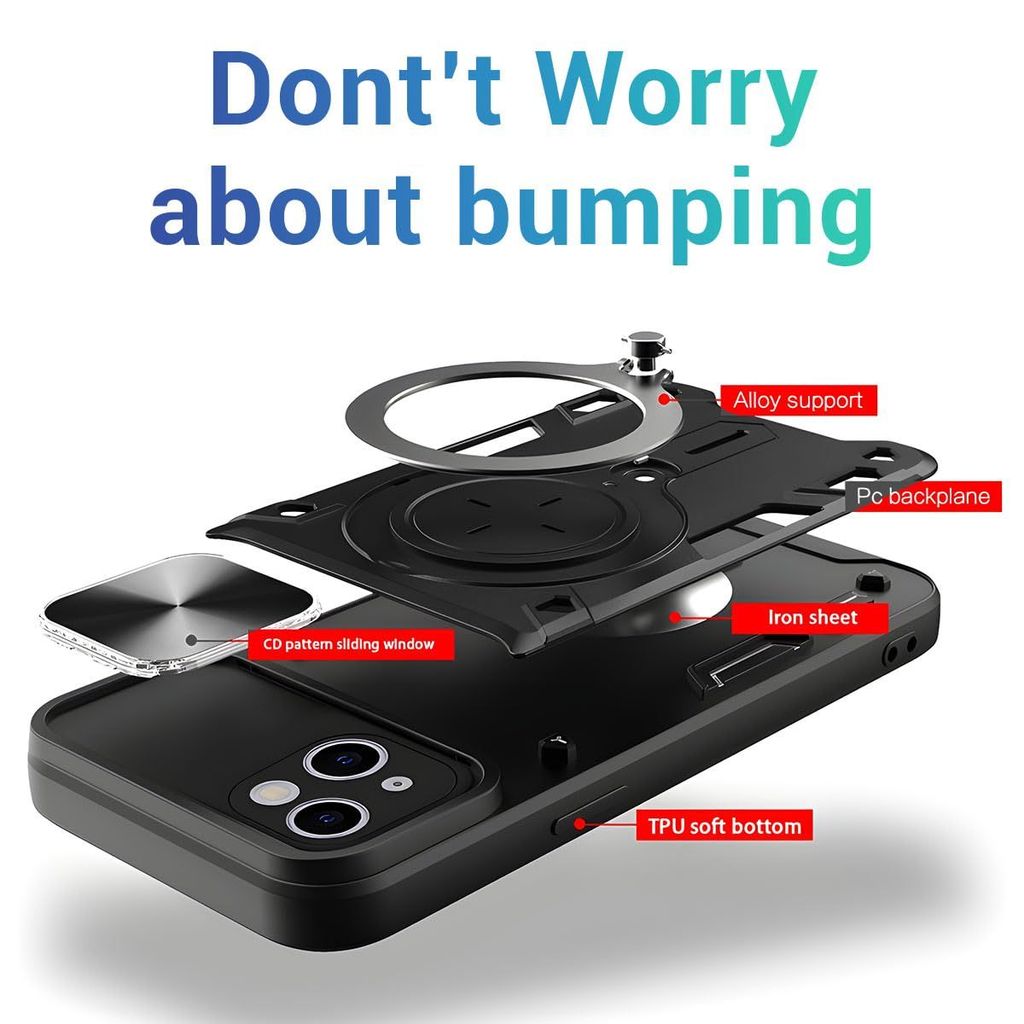 LIRAMARK Back Cover Case Compatible with iPhone 15 Pro (6.1 inch) with Stand & Slider Camera Military Grade Drop Protection