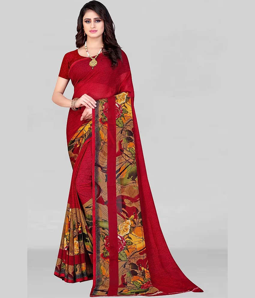 LEELAVATI Georgette Printed Saree With Unstitched Blouse Piece ( Red )