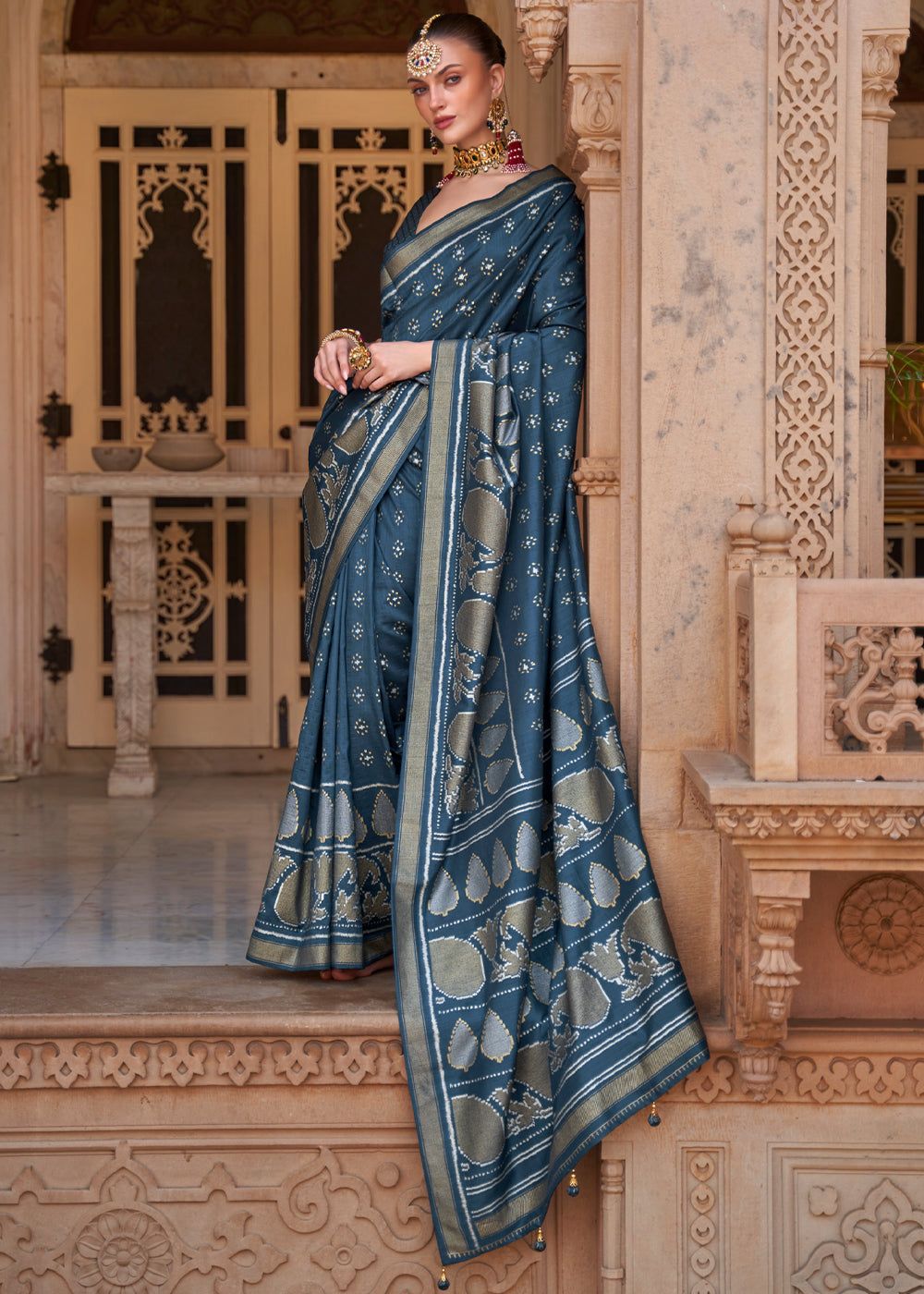 Teal Blue Woven Banarasi Soft Silk Saree