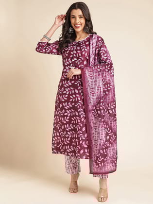 Dark Mauve Printed A-line Muslin Round Neck Kurta Set-S