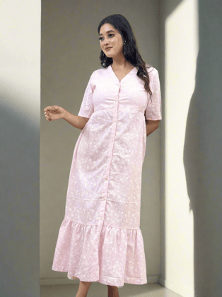 Pink Cotton Midi Dress-S