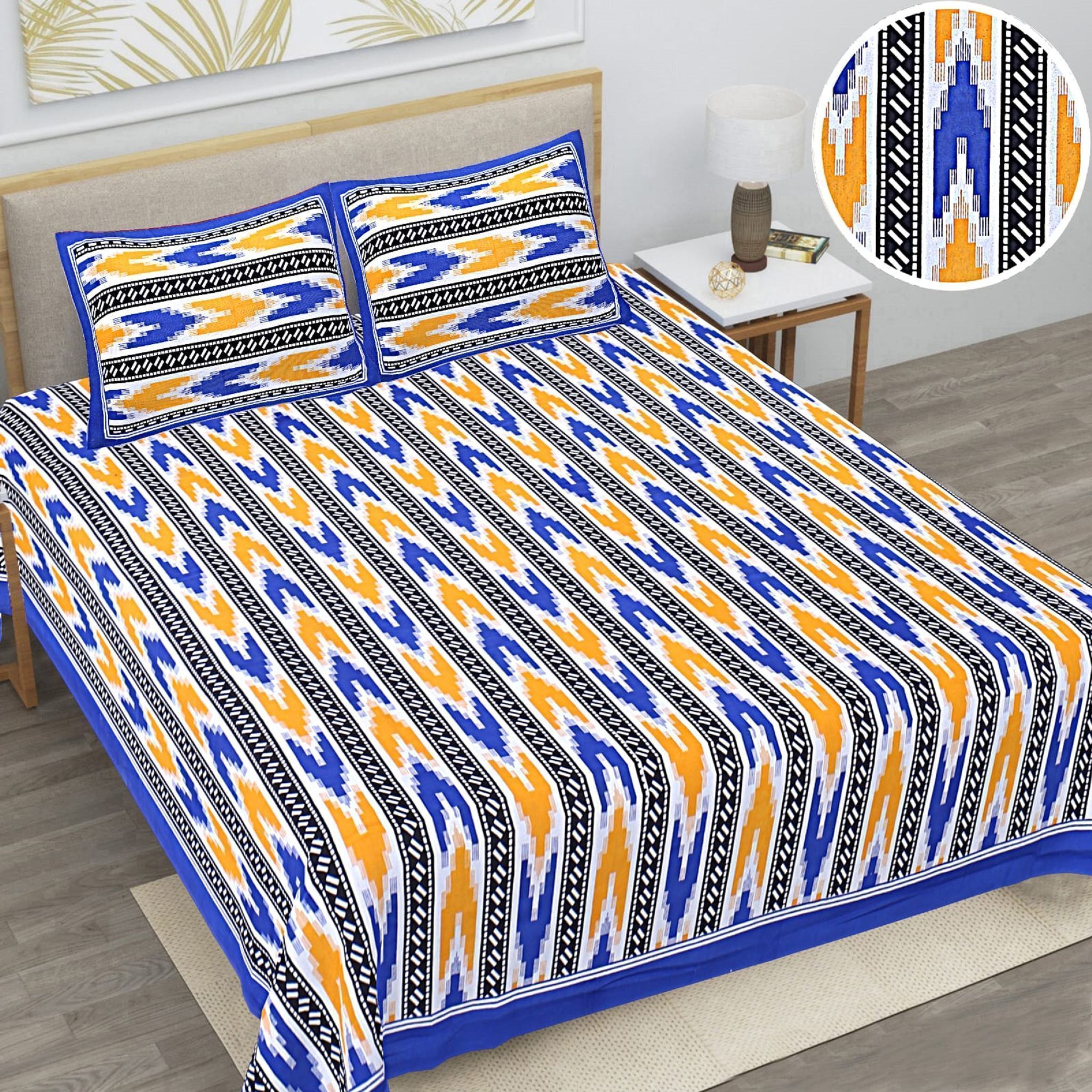 3001-Hometrade India-Standard King Size (90*108 Inches) Double Bedsheet With 2 Pillow Cover-RJ-14-Jaipur lining-3753