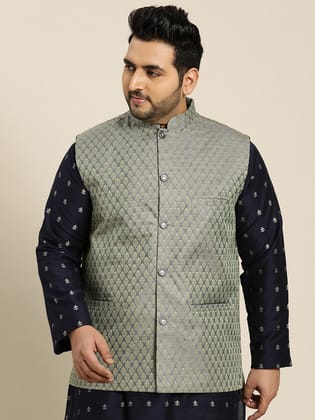 Men's Jacquard Silk Teal Green Self Design ONLY Nehrujacket-44