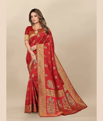 Gazal Fashions Banarasi Silk Embellished Saree With Unstitched Blouse Piece ( Red )