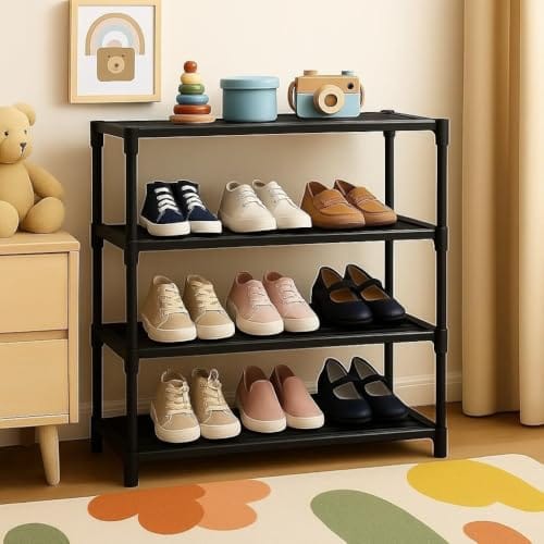 Shoe Rack 4 Tier Shoe Rack with Shelf, Folding ShoeRack for Bedroom, Living Room, Entryway, White, ShoeRack,