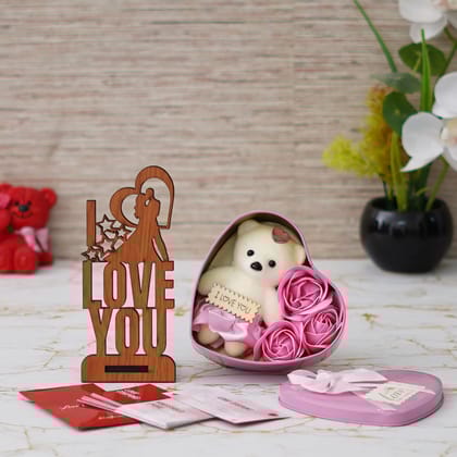 Valentine Combo of Pack of 12 Love Coupons Gift Cards Set, "Love You" Wooden Showpiece With Stand, Pink Heart Shaped Gift Box with Teddy and Roses