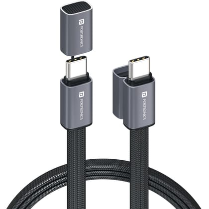 Portronics Safelink 60W Type-C Fast Charging Cable with Magnetic Cover, Flat Braided Cable, 60W Max Output, Flat Braided Cable, 1.2M Cable Length - Black
