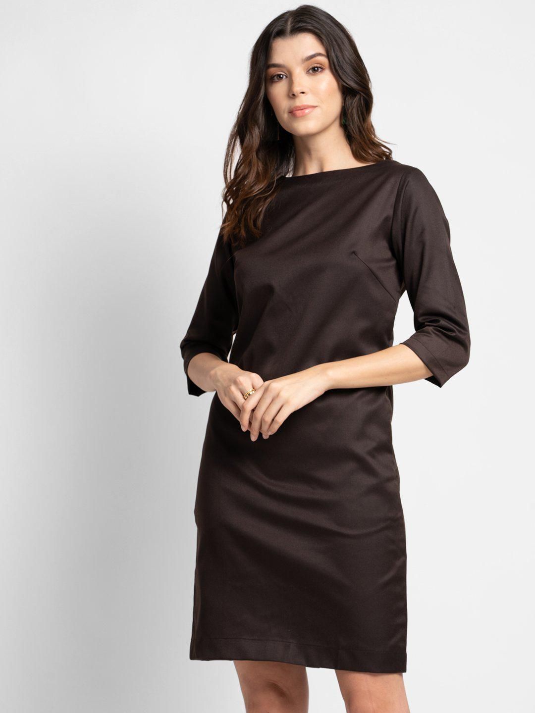 Poly Cotton Sheath Dress - Chocolate Brown-2XL