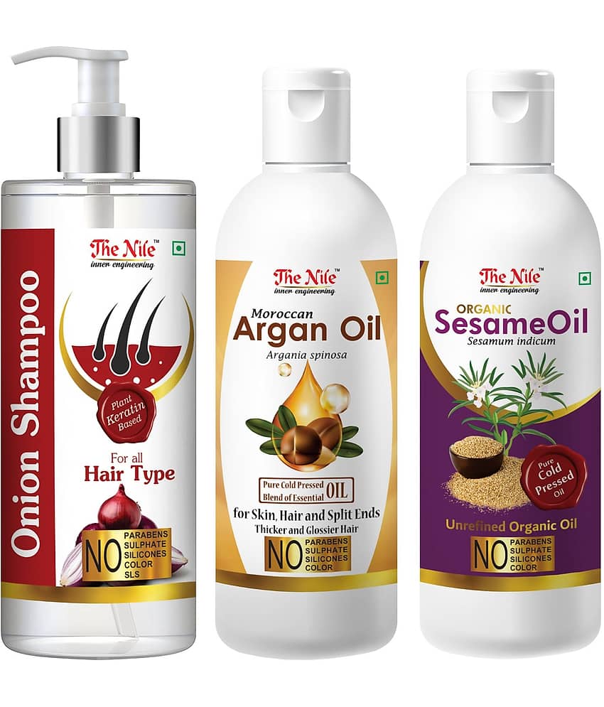 The Nile Red Onion Shampoo 200 ML + Argan Oil 100 ML + Sesame Oil 100 ML  Shampoo 400 mL Pack of 3