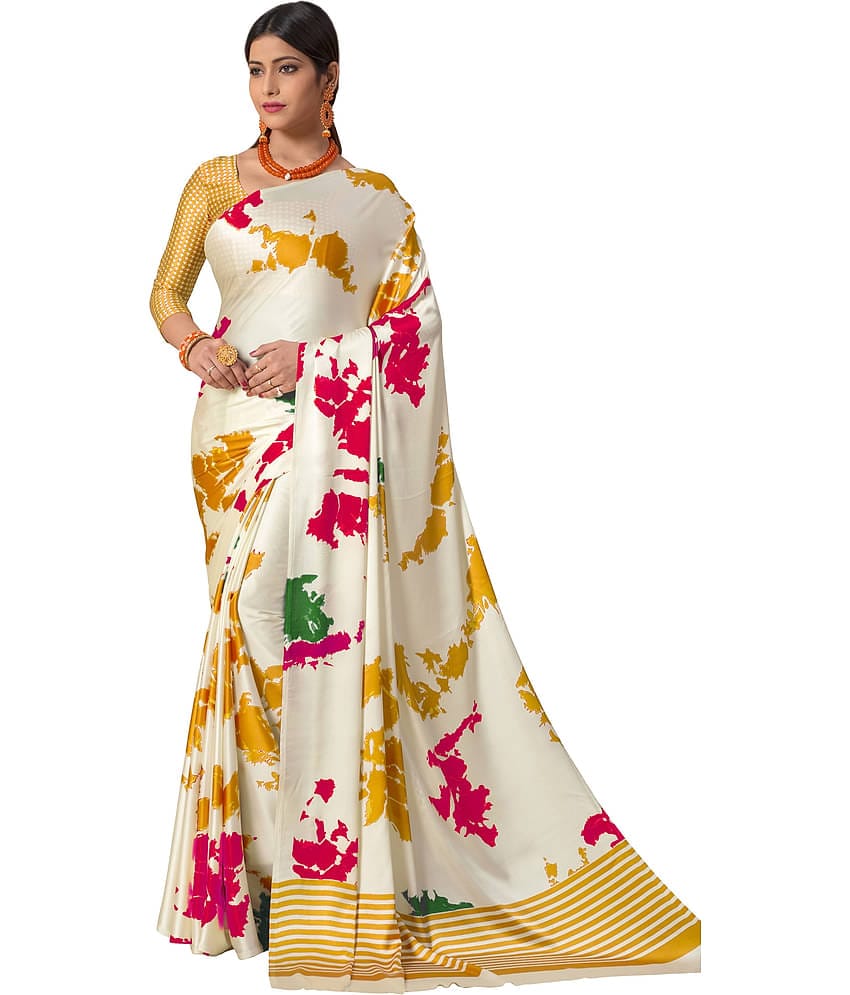 Satrani Satin Printed Saree With Unstitched Blouse Piece ( White )